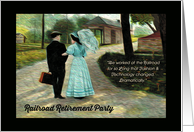 Humorous Railroad Retirement Party Invitation with Victorian Couple card