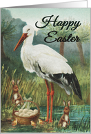 Happy Easter with White Stork in Nature with Egg Basket and Bunnies card