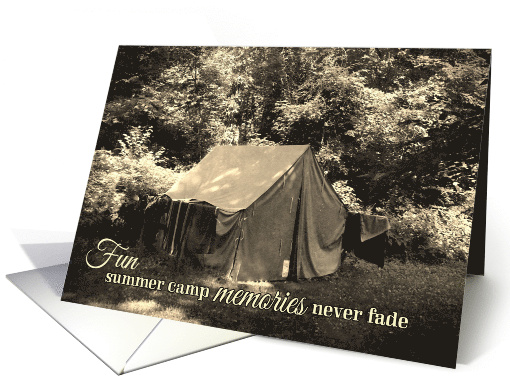 Fun Summer Camp Memories Never Fade with Retro Tent in Wood Photo card