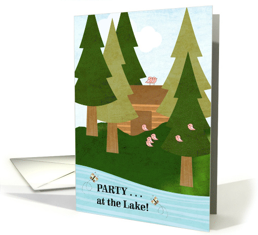 Folk Art Party at the Lake Invitation with Cabin Lake Pine Trees card