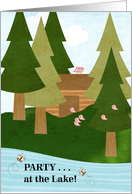 Folk Art Party at the Lake Invitation with Cabin Lake Pine Trees card