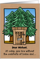 Customizable Name with Funny Thinking of You at Camp Outhouse Design card