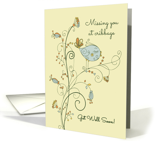 Missing You at Cribbage so Get Well Soon with Sweet Bird Art card