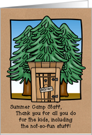 Thank You Summer Camp Staff with Cute Outhouse and Pines Design card