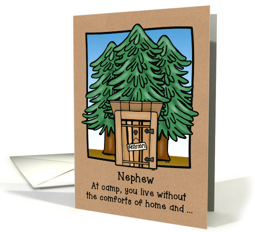 Thinking of Nephew at Camp with Cartoon Outhouse in Pines card