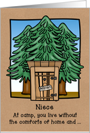 Thinking of Niece at Camp with Cute Outhouse in Pines Design card