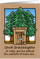 Thinking of Great Granddaughter at Camp with Cartoon Outhouse in Pines card