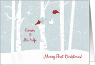 Merry First Christmas to Cousin and His Wife with Love Birds in Snow card