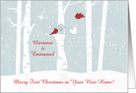 Merry First Christmas in Your New Home with Custom Names Love Birds card