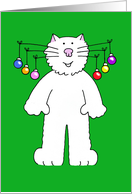 Christmas White Cat with Multi Colored Bauble Hanging from Whiskers card