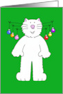 Christmas White Cat with Multi Colored Bauble Hanging from Whiskers card