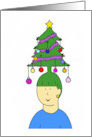Funky Cartoon Christmas Hair Styled on a Lady’s Head as a Xmas Tree card