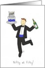 Nifty At 50 Cartoon Waiter With Champagne and a Happy Birthday Cake card