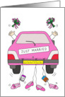 Just Married Lesbian Wedding Cartoon Pink Car with Two Brides card