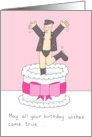 Fun Gay Birthday Man In Leather Leaping Out of a Cake Cartoon card