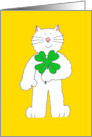 Good Luck Irish White Cartoon Cat Holding a Four Leaf Clover card