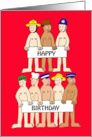 Almost Naked Uniformed Cartoon Men Holding Banners Birthday Humor card