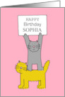 Happy Birthday Sophia Cartoon Cats Holding a Banner card