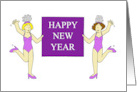 Happy New Year Burlesque Ladies Holding a Banner Cartoon card