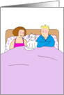 New Pet Cat Congratulations Cartoon Couple in Bed with White Cat card