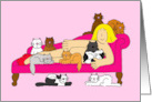 Burlesque Cartoon Valentine Lady with Several Cats on a Chaise Longue card