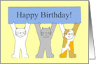 Happy Birthday Fun Cartoon Cats Holding Up a Banner with a Message On card