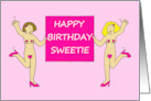 Lesbian Happy Birthday Sweetie Cartoon Dancing Ladies Wearing Hearts card