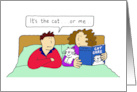 Happy Birthday Cat Lover Couple in Bed with their Cat Cartoon card