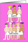 Happy Birthday Almost Naked Cartoon Men Wearing Hats Holding Banners card