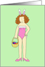 Easter Bunny Cartoon Lady Wearing Bunny Ears with Basket of Eggs card