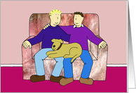 Gay Male Couple Anniversary Two Men With Their Pet Dog Cartoon card