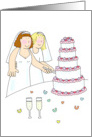 Two Cartoon Brides Cutting a Multi Tiered Cake Congratulations card