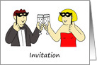 Masked Costume Party Invitation, Cartoon Couple with Champagne. card