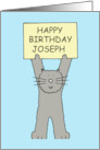 Happy Birthday Joseph Cartoon Grey Cat Holding a Banner Up card