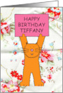Happy Birthday Tiffany Cartoon Ginger Cat with a Banner card