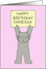 Happy Birthday Vanessa Illustration Of Cute Cartoon Grey Cat card