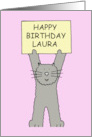 Happy Birthday Laura Cute Fluffy Grey Kitten Cartoon card