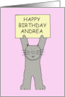 Happy Birthday Andrea Cute Grey Kitten Holding a Sign Up card