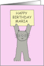 Happy Birthday Maria Cute Grey Cat Holding Up a Birthday Banner card