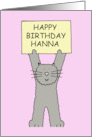 Happy Birthday Hanna Grey Cat Holding a Banner card