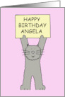 Happy Birthday Angela Cartoon Grey Cat Holding a Banner Up card