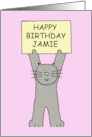 Happy Birthday Jamie Cute Kitten Holding a Banner card