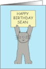 Happy Birthday Sean Cute Grey Cartoon Cat Holding a Banner Up card