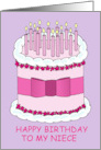 Niece Happy Birthday Cartoon Cake with Lit Candles and Giant Bow card