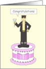 Gay Male Congratulations Cartoon Man Standing on a Cake card