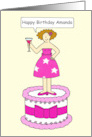 Happy Birthday Amanda Cartoon Lady Standing on a Cake card