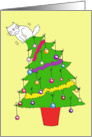 Happy Christmas from the Cat Cartoon Cat on Top of a Xmas Tree card