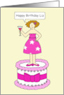 Happy Birthday Liz Cartoon Lady Standing on a Cake with a Cocktail card
