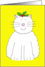 Happy Christmas White Cartoon Cat with Holly on Her Head card