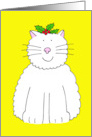 Happy Christmas from White Pet Cat Cartoon Cat Wearing Holly card